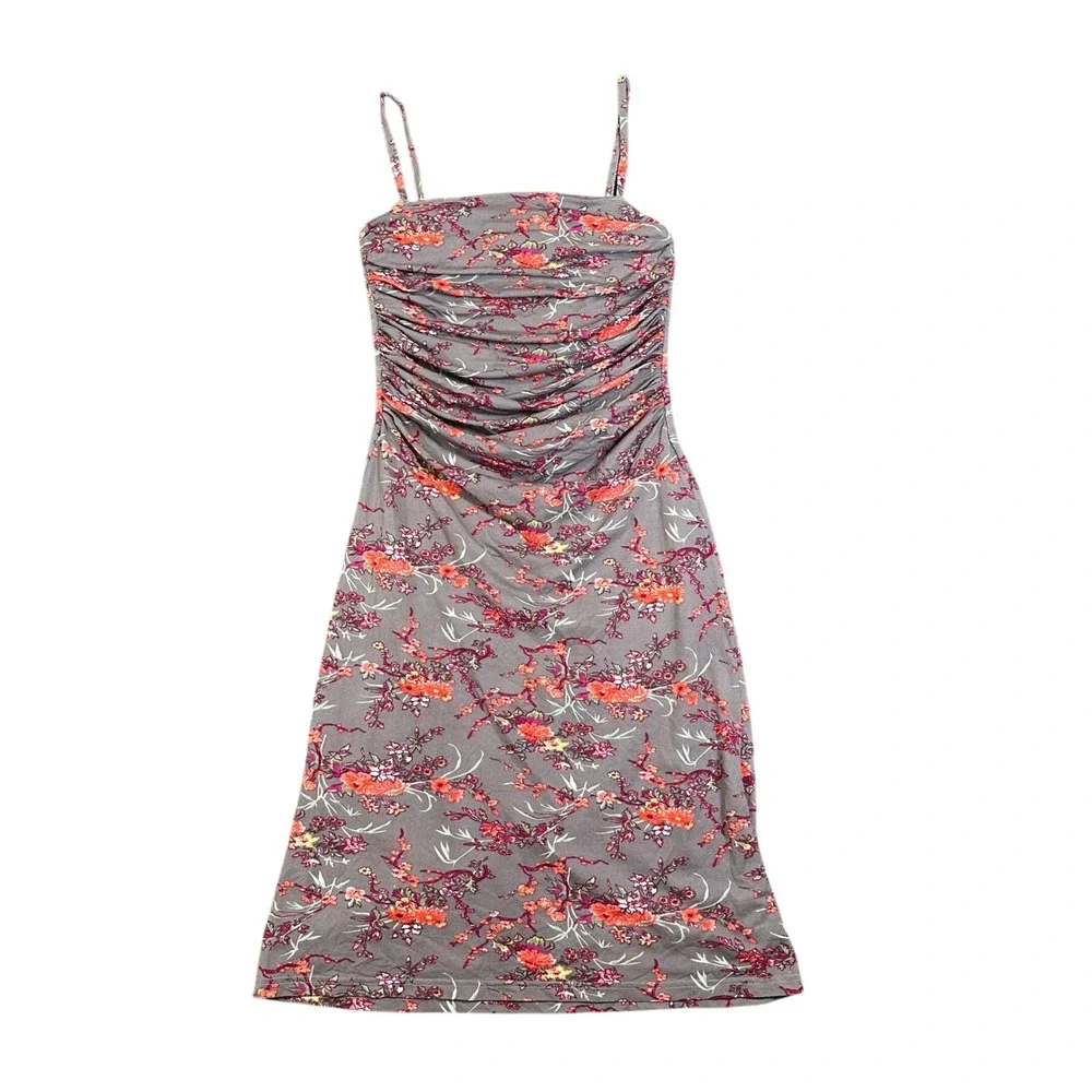 Free People Floral Ruched Midi Dress Grey Pink Orange Spaghetti Strap Medium